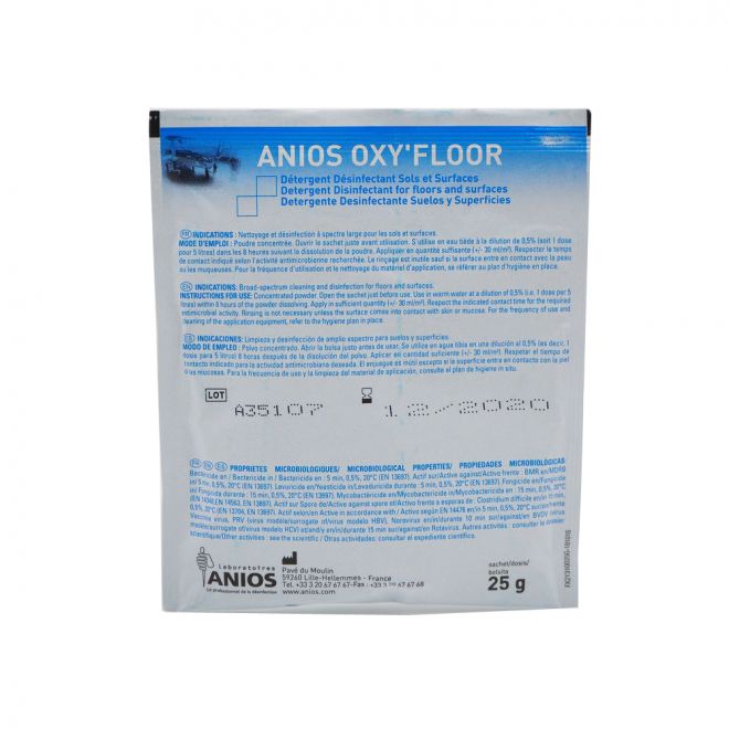 Anios Oxy'floor 25g ! Biocide circuit restreint, à utiliser avec précaution après lecture des instructions d'emploi - L' acheteur à l' obligation légale de s'enregistrer via www.biocide.be