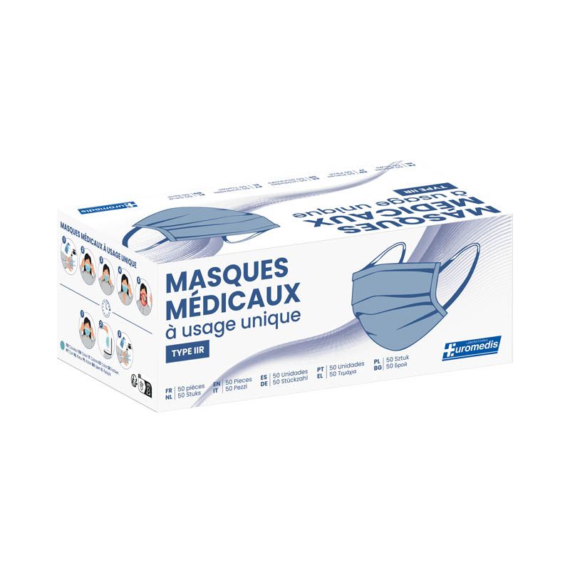 Masque 3 plis chirurgien type IIR bleu foncé avec élastiques  /50 Unités