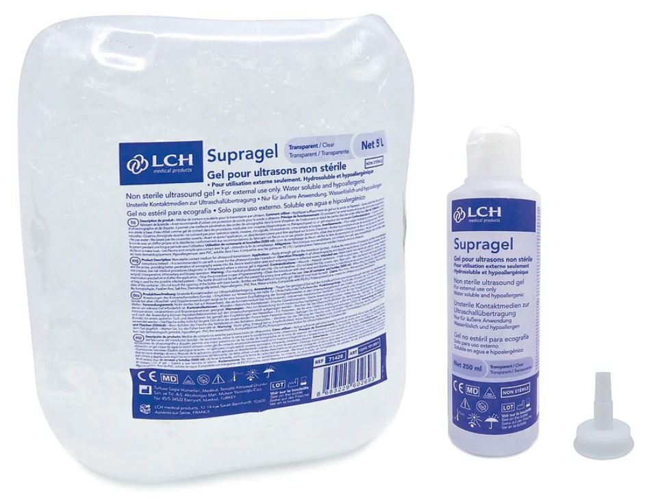 Supragel pour ultrasons - Pack 2 cubis de 5L transparent + 2 flacons vides + 2 embouts et 1 pompe